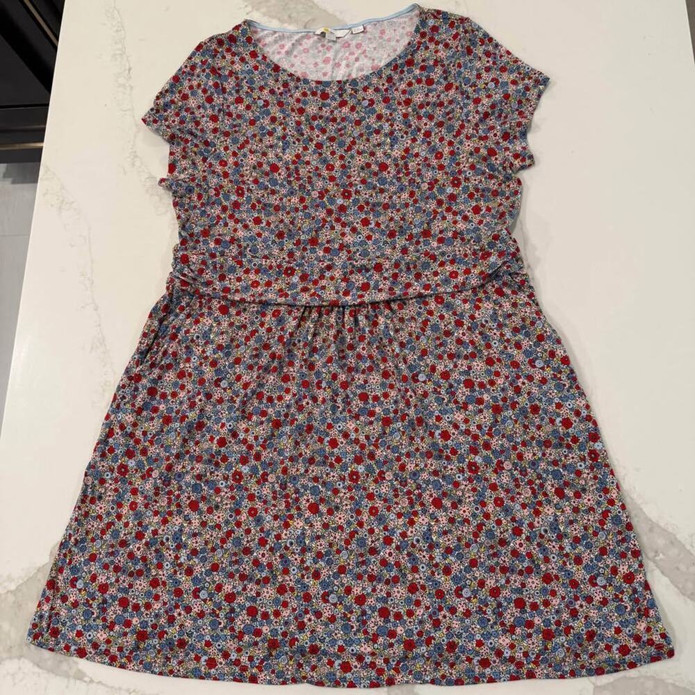 Boden Red Floral Midi Dress with Blue and White Accents